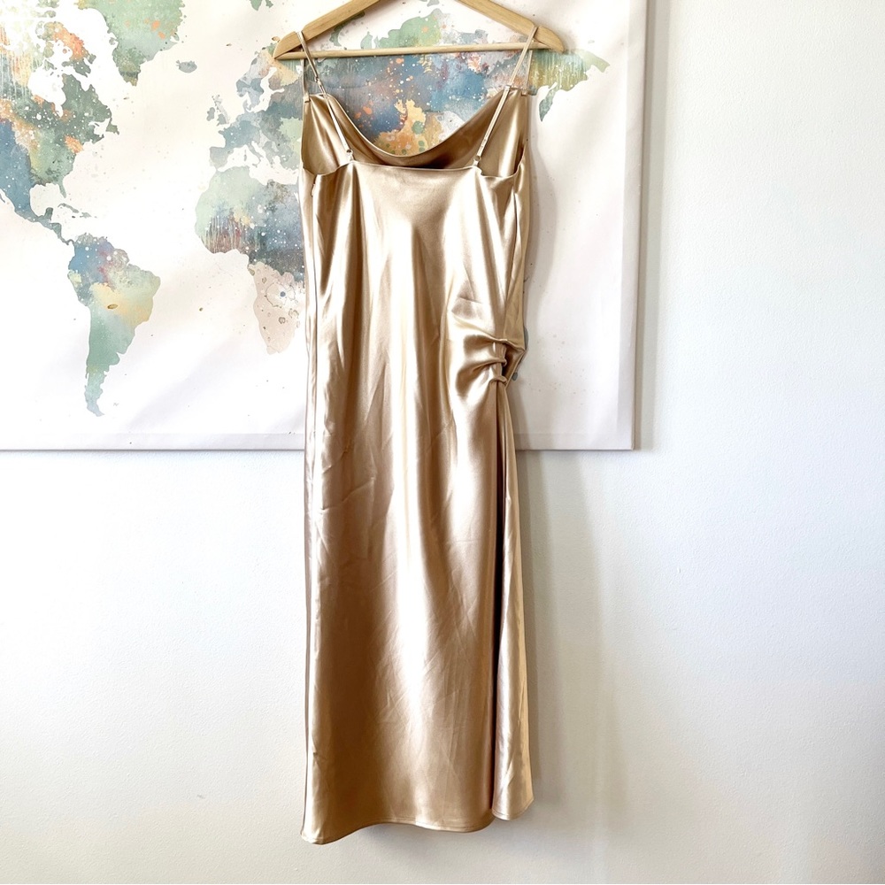 Birdy Grey Dress Size Medium Gold Satin Spaghetti Strap Cowl Neck Ruched Formal - Picture 9 of 12